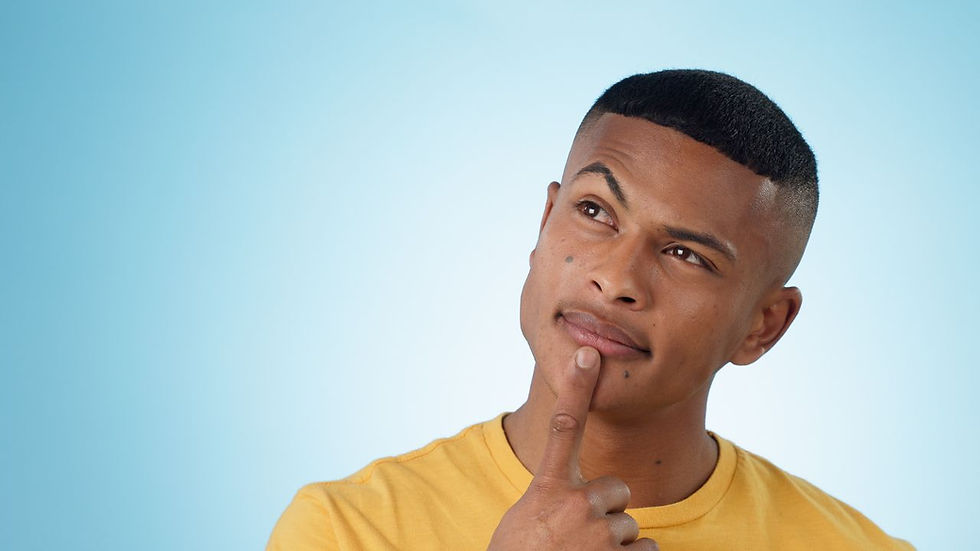 Man in yellow shirt thinking, touching chin with finger, looking up. Blue background, calm mood, no text visible.