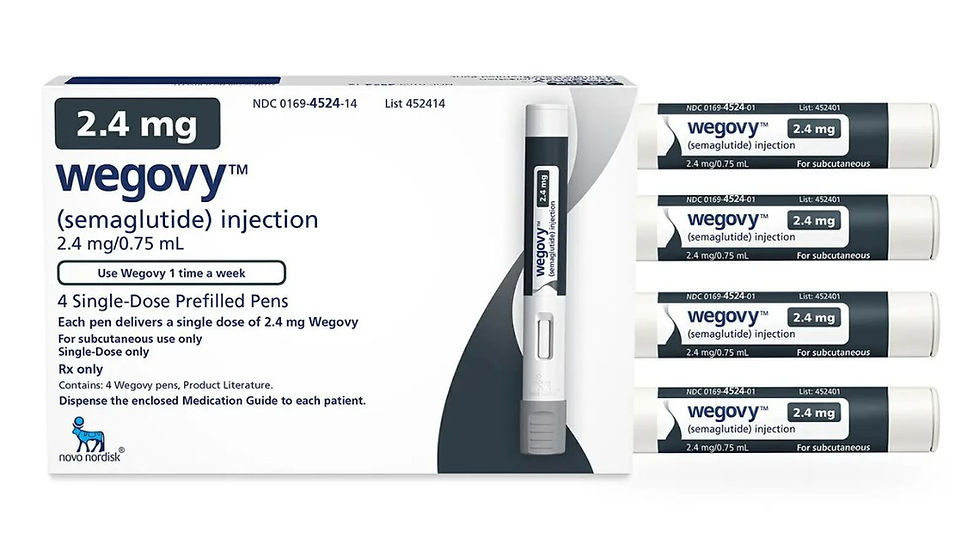 Box of Wegovy 2.4 mg injection pens, showing one pen and four prefilled pens. Text highlights dosage and instructions. Clean background.