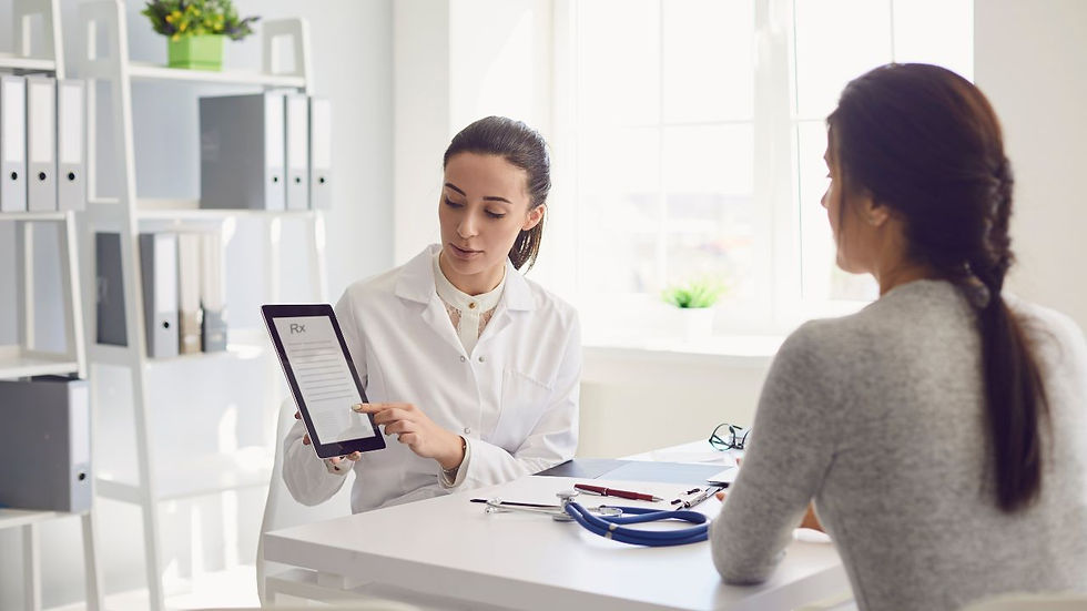 Doctor in white coat shows a digital prescription to a patient in a bright office. Stethoscope, plant, and shelves visible. Calm setting.