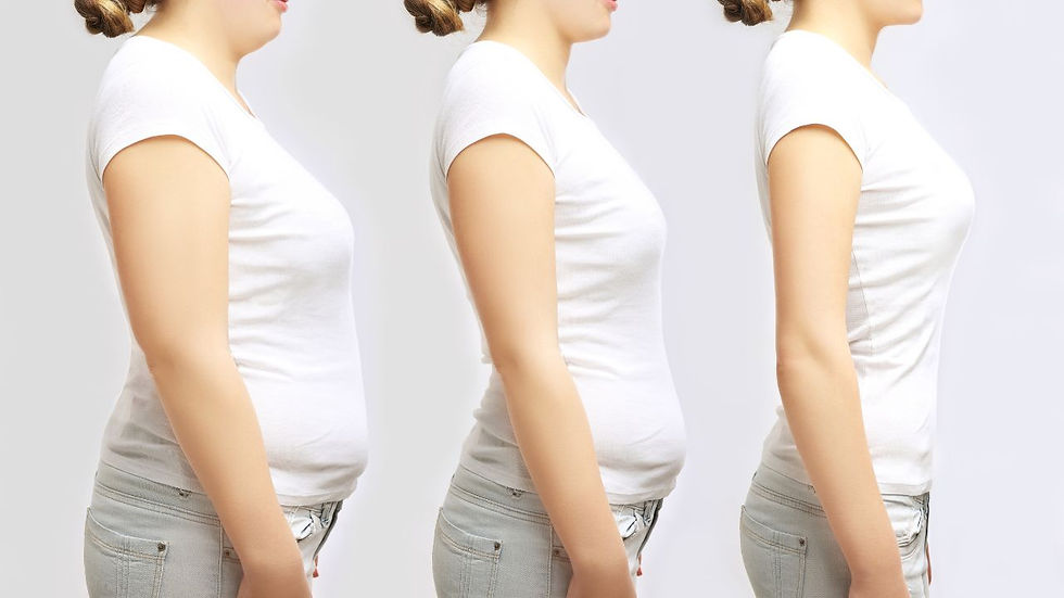 Three side profiles of a woman in white tees and jeans show gradual weight loss progression. Background is plain white.