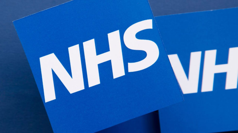 Blue background with large white "NHS" text prominently displayed. Minimalist design and bold font convey a professional, institutional feel.