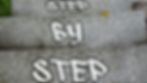 Stone steps with the words "STEP BY STEP" in bold white letters, conveying a motivational theme. Background shows grassy edges.