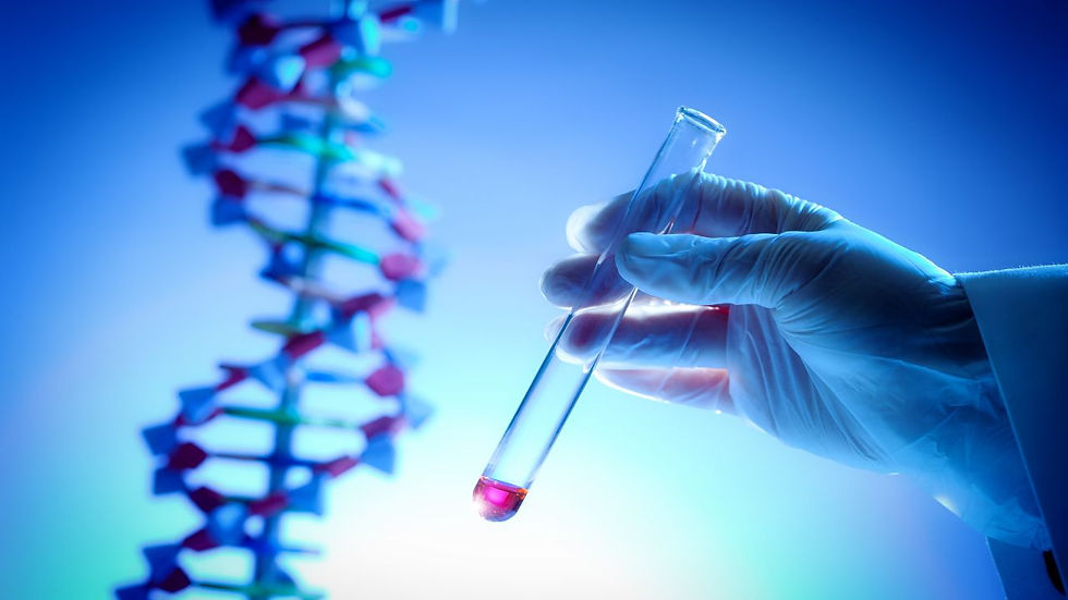 Gloved hand holds a test tube with red liquid next to a colorful DNA helix, set against a blue gradient background, suggesting science.