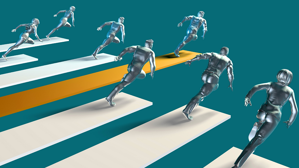 Silver figures race on abstract paths with a teal background. The central path is orange, creating a dynamic, competitive atmosphere.