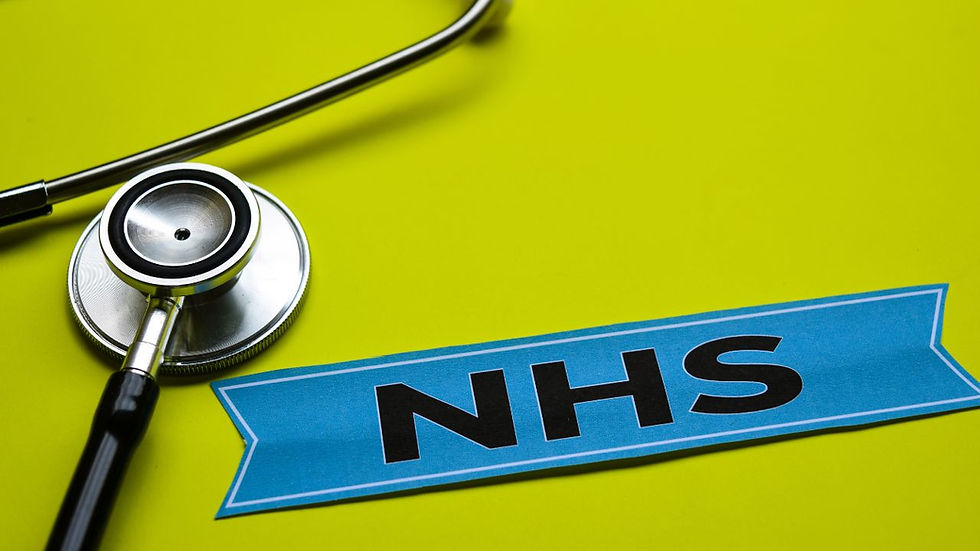 Stethoscope and blue "NHS" label on a bright yellow background, conveying a healthcare theme.