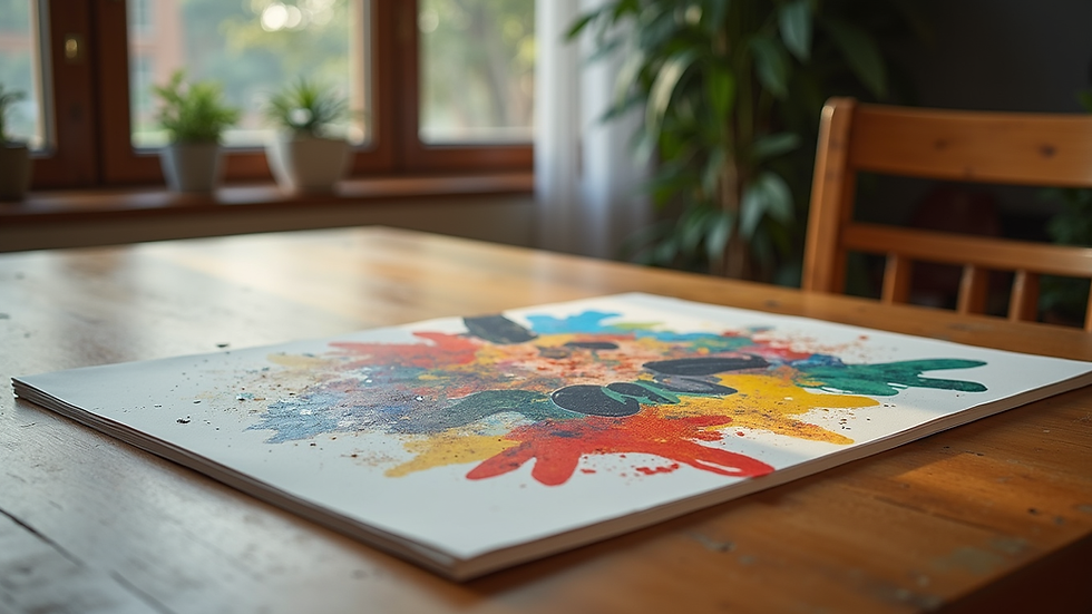 Eye-level view of a vibrant collage art piece on a wooden table
