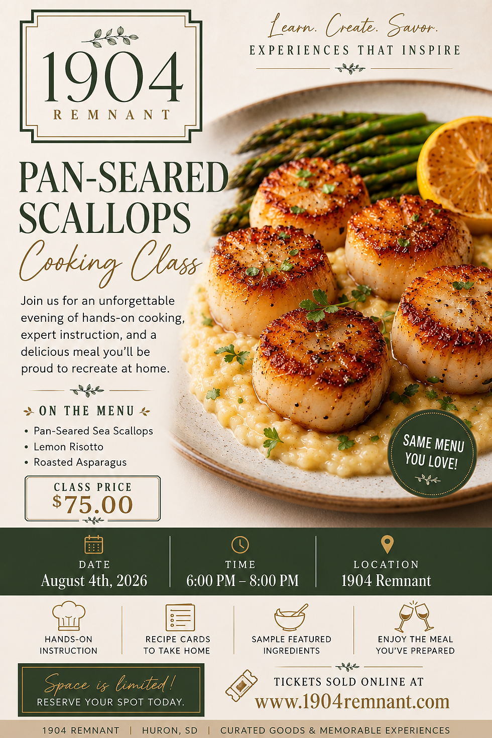 Perfect Pan-Seared Scallops, Lemon Parmesan Risotto, Roasted Garlic Asparagus and Brown Butter Lemon Sauce
