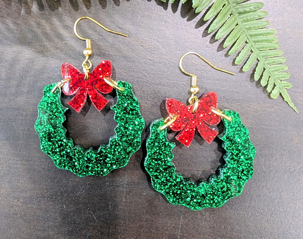 Acrylic Wreath with Red Bow Earrings with Hypoallergenic Hooks
