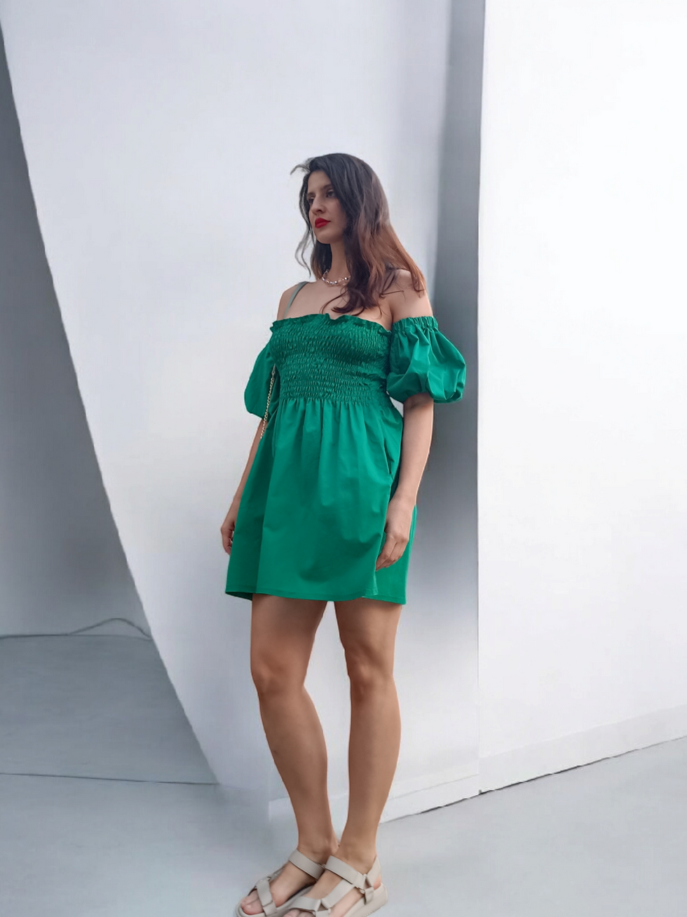 Thumbnail: Cotton, Convertible Off-Shoulder Smocked Mini Dress –