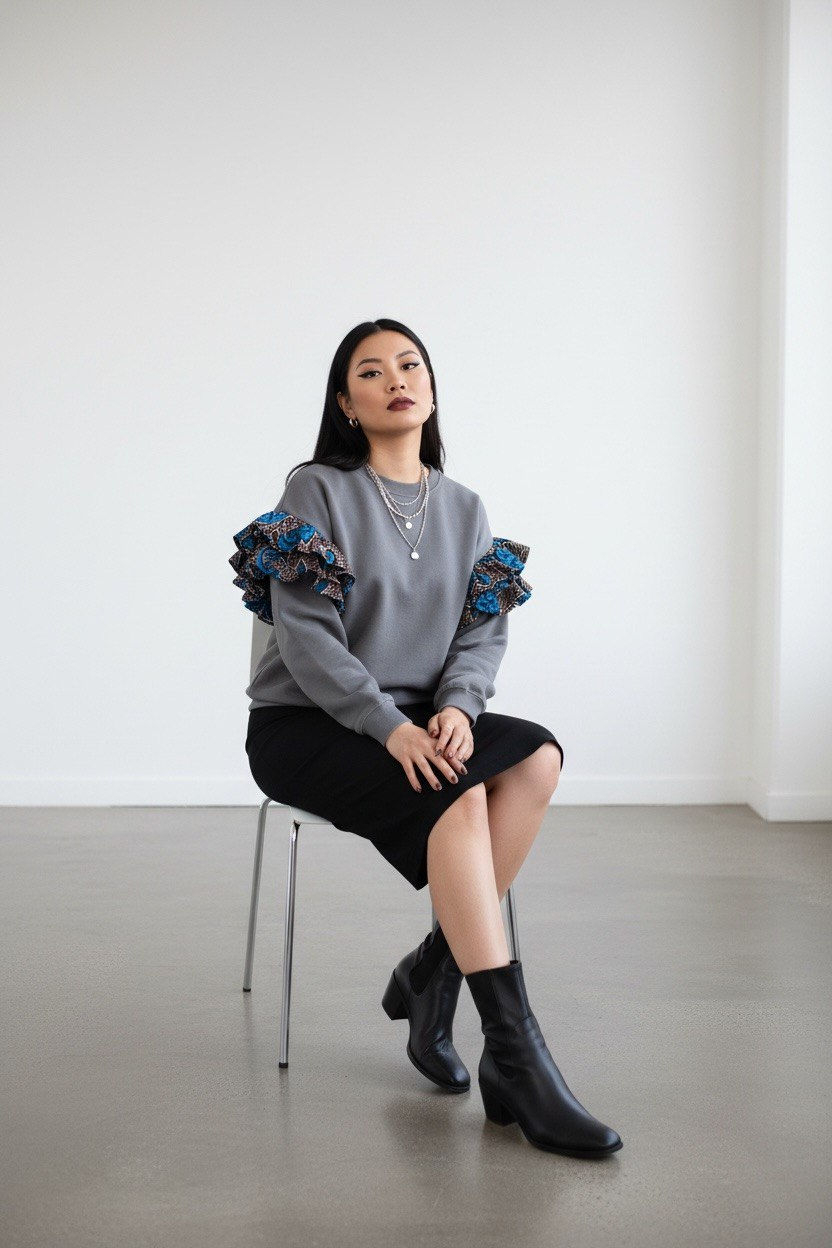 Thumbnail: Elegant Grey Sweatshirt with Floral/Ankara Ruffle Sleeves