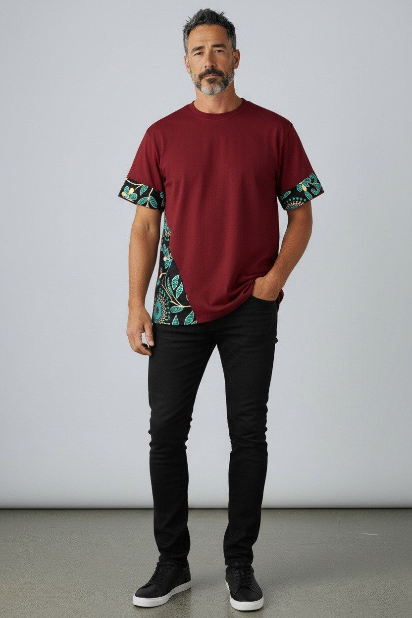 Thumbnail: Men’s Premium Thick Burgundy T-Shirt with Floral Patch Sleeves