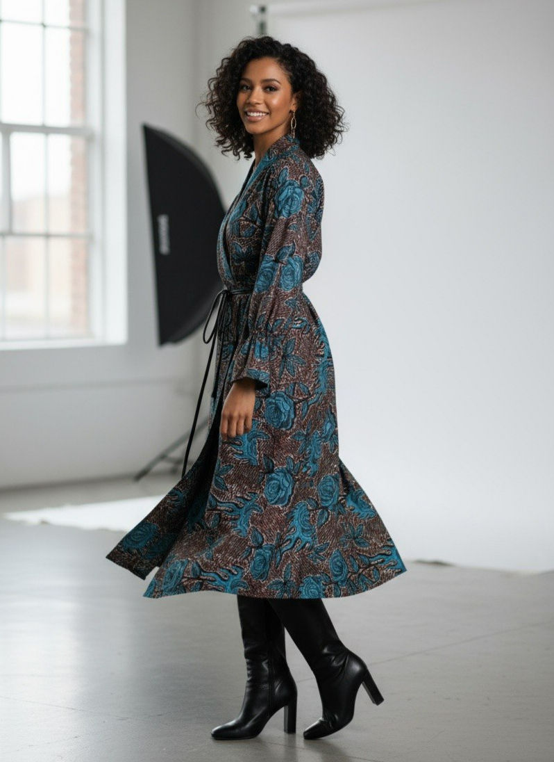 Thumbnail: Teal Rose Versatile Midi Kimono Dress