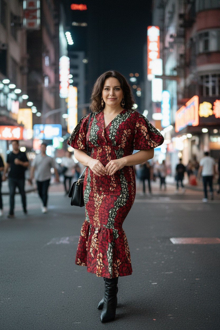 Thumbnail: Red Floral Bodycon Dress With Puffy Short Sleeves
