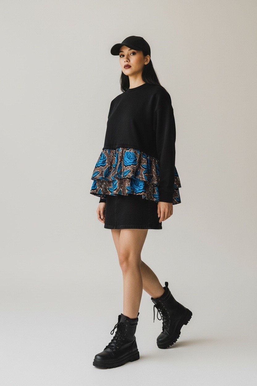 Thumbnail: Peplum Sweatshirt Blouse With Floral/African Print
