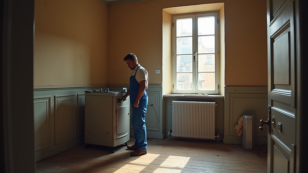 Vue rapprochée d’un technicien installant une pompe à chaleur dans une maison ancienne
