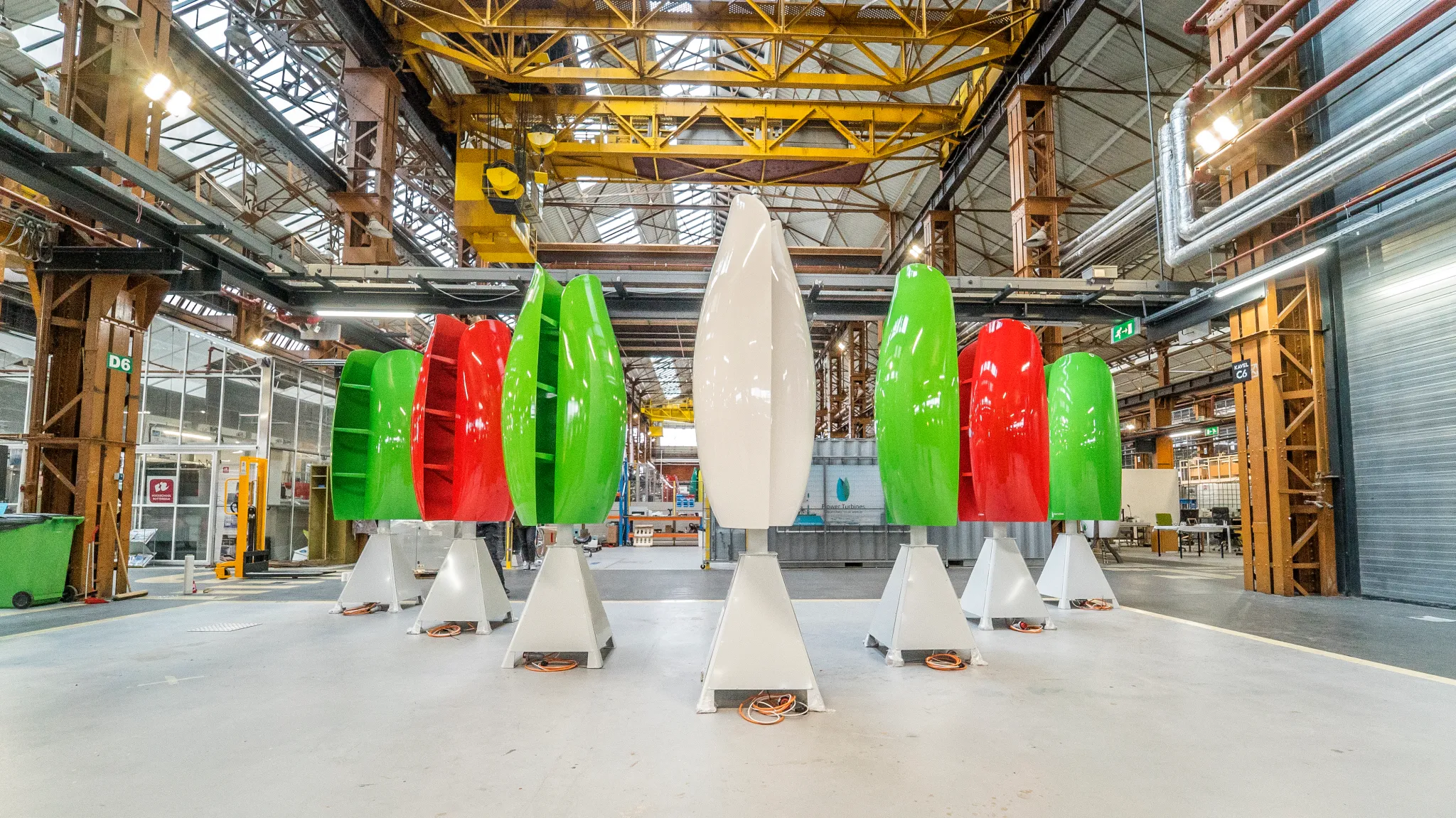 Medium Turbines in white, red, and green at the Rotterdam facility
