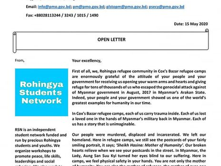 Rohingya Student Network sent an open letter to the prime minister of Bangladesh