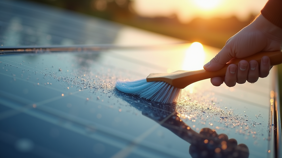 Close-up view of a solar panel being cleaned with a soft brush
