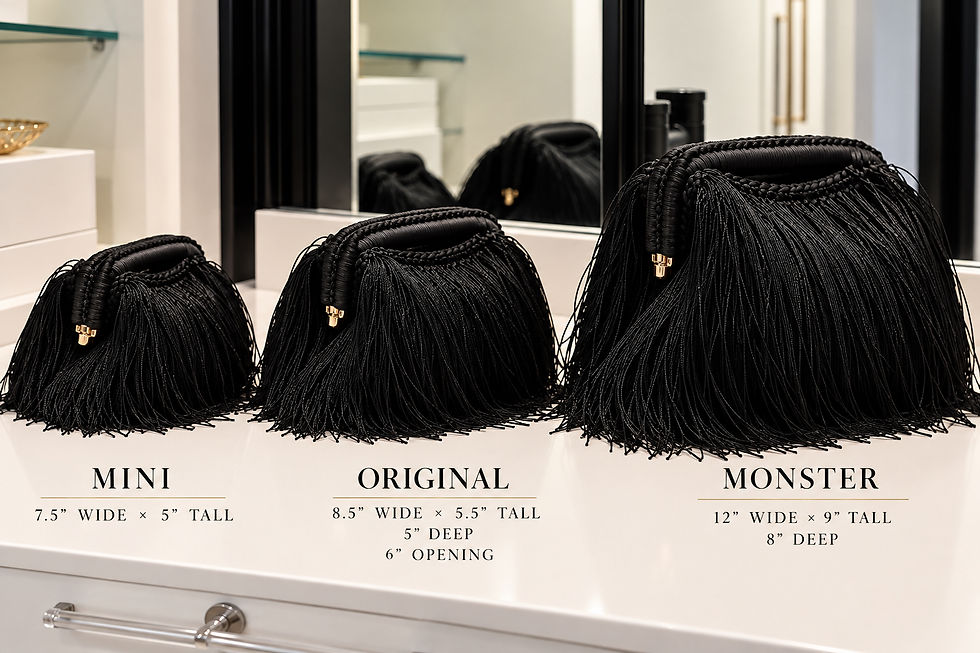 Mini, Original, and Monster Fringe Dumplin handbags side by side