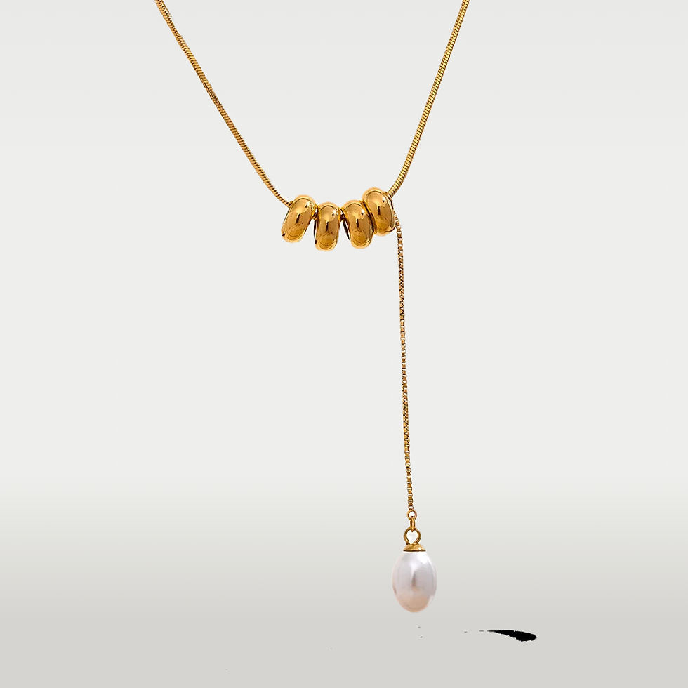 Simulated pearl pendant with a trendy geometric design on a gold-plated stainless steel chain