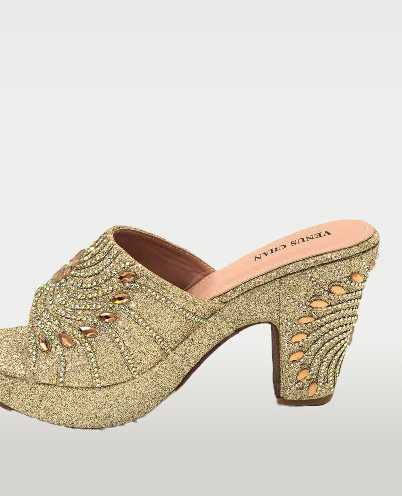 Gold platform slingback pumps with 9.5CM spike heels and slip-on closure.