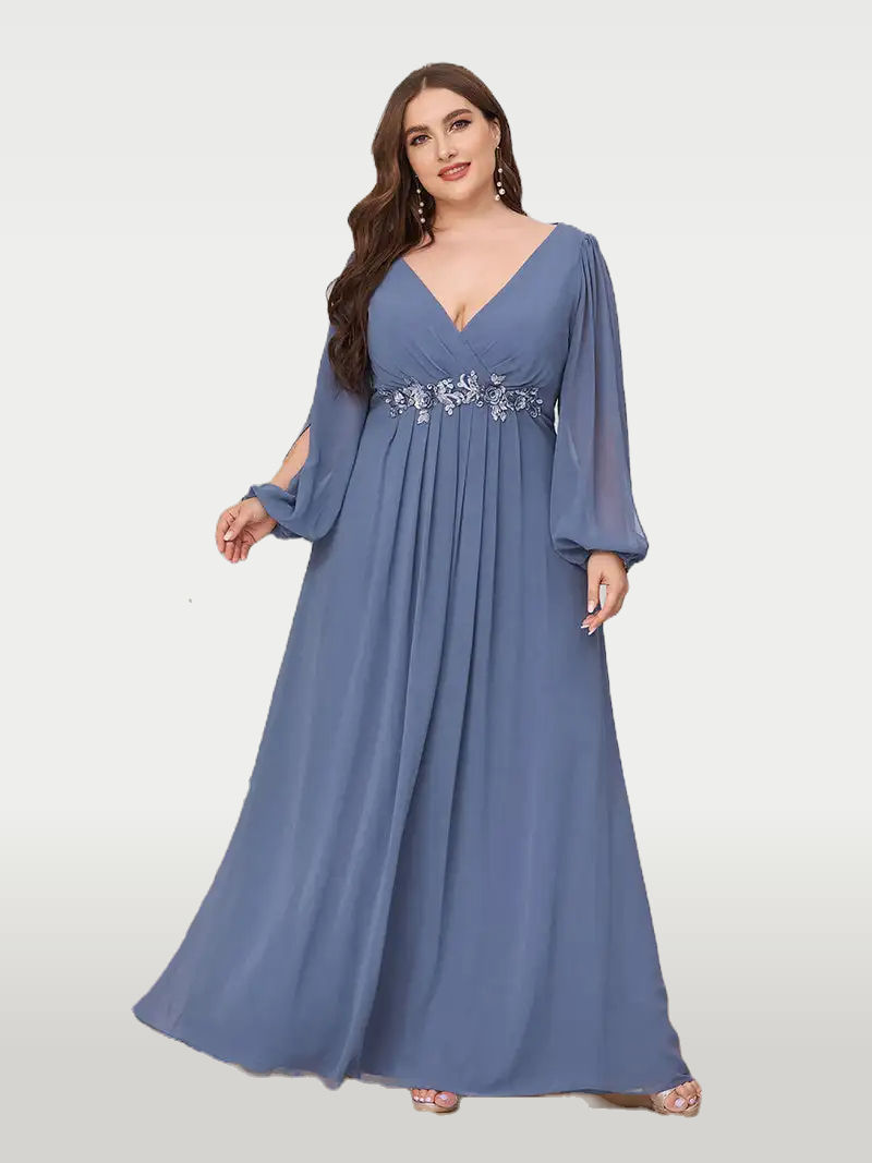 Flowing V-Neck Chiffon Dress with Lace & Tassels (Full Sleeves, Floor-Length) in luxurious chiffon