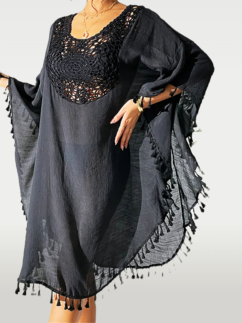 Cusuti Fringe Tassel Embroidery Tunic Beach Cover Up - Long Sleeve