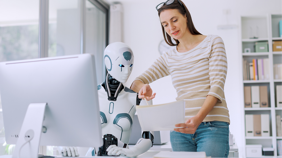 Woman discussing a document with a humanoid robot in an office. Large window, white and beige tones, and modern tech atmosphere.