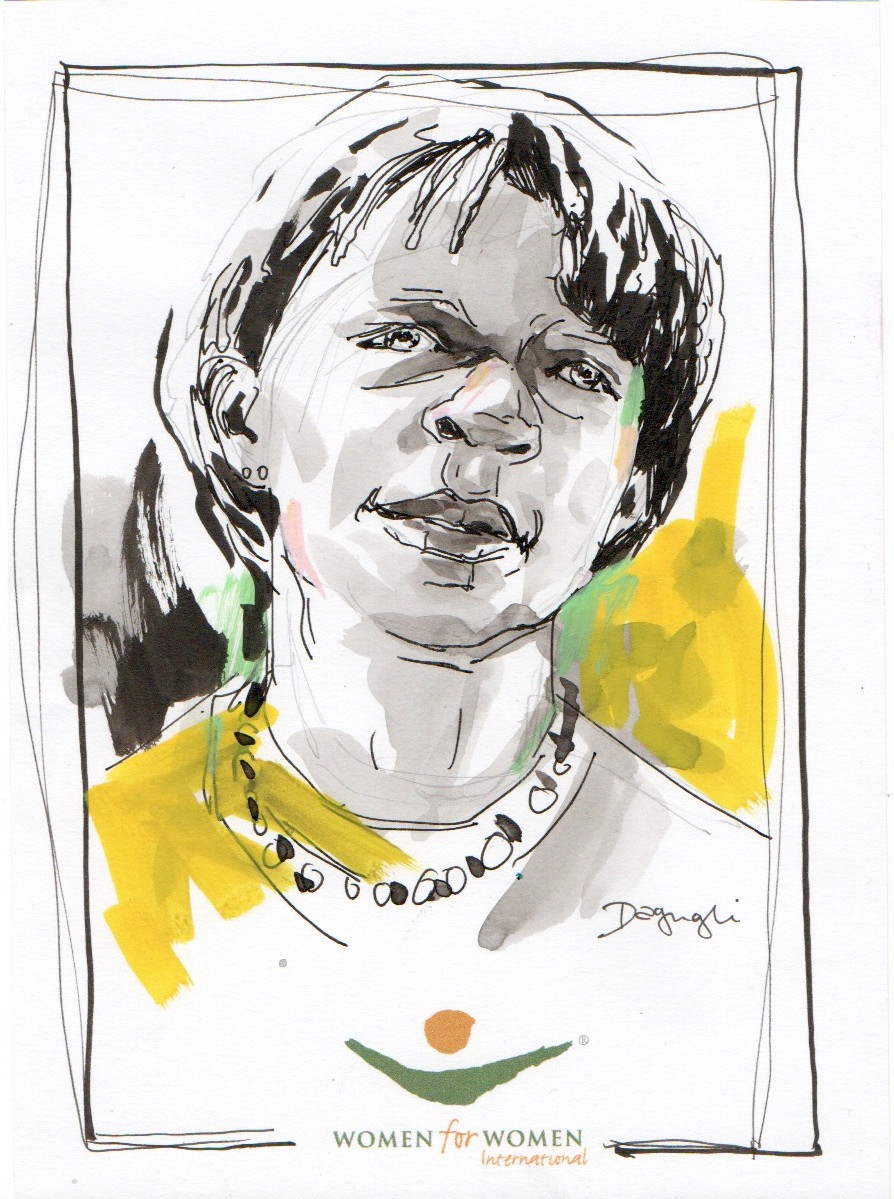 Photo: Sample drawing done to test materials and technique before the event with a charity branded paper; Ink with two colour splashes on A5 cardboard paper.