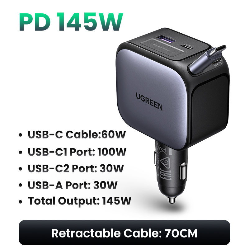 Thumbnail: UGREEN 145W 90W 60W Car Charger 3 USB-C & 1 USB-A Ports PD QC4.0 Fast Charging w