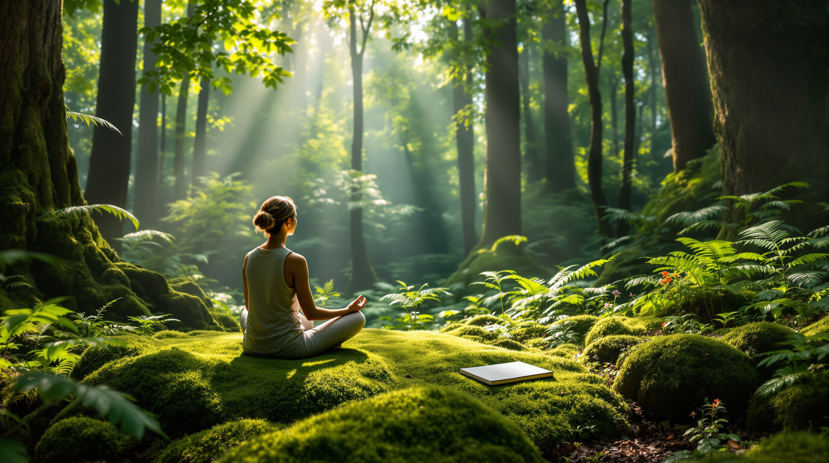 A woman inside a cosmic library reading a book