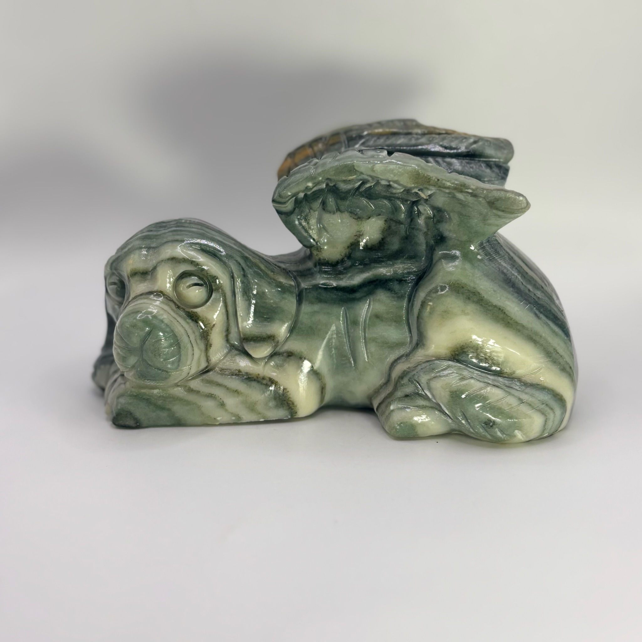Green Zebra Jasper Sleeping Winged Guardian Dog Figurine
