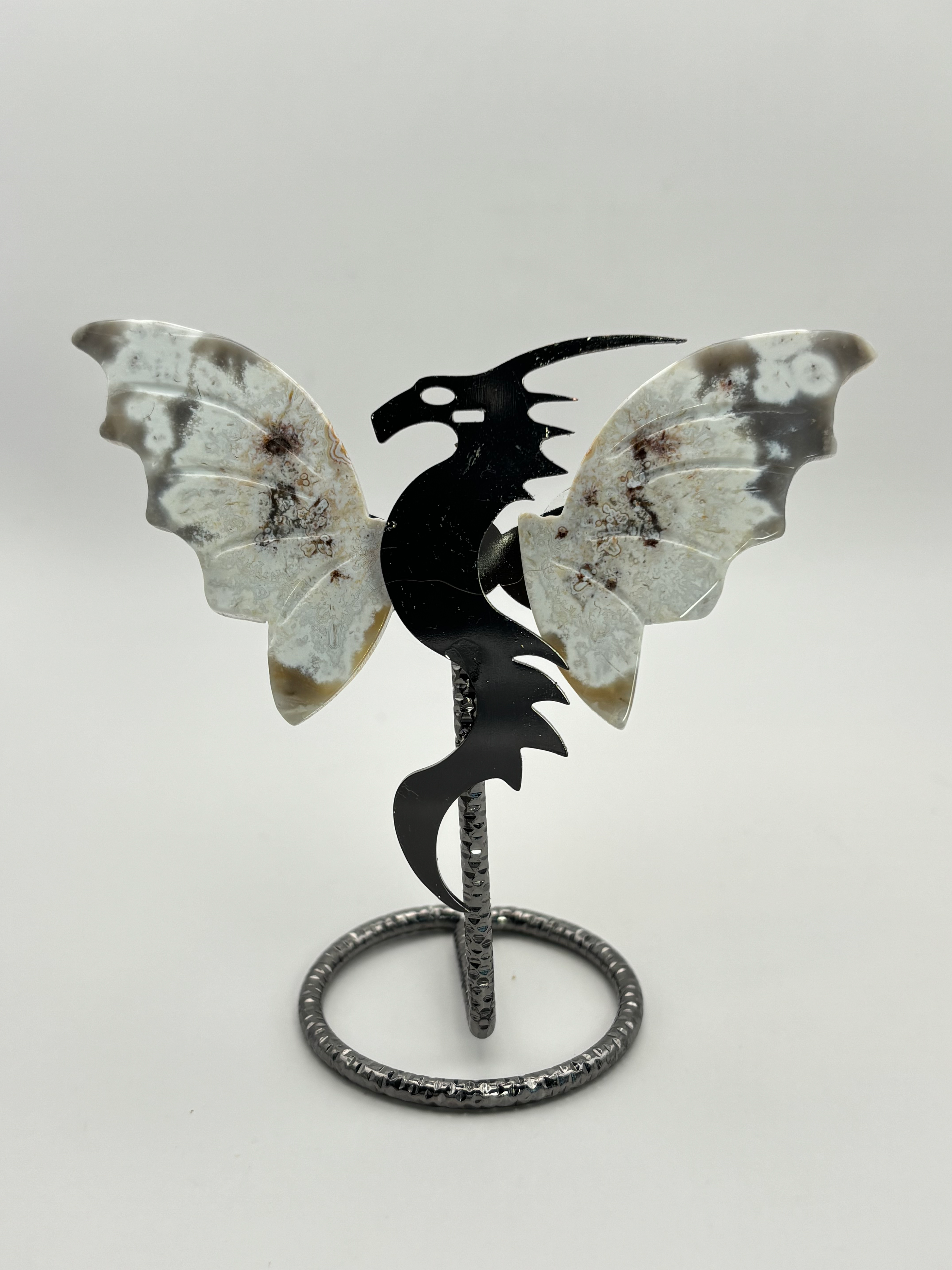White Flower Agate Dragon Wings Mounted on a Stand Figurine