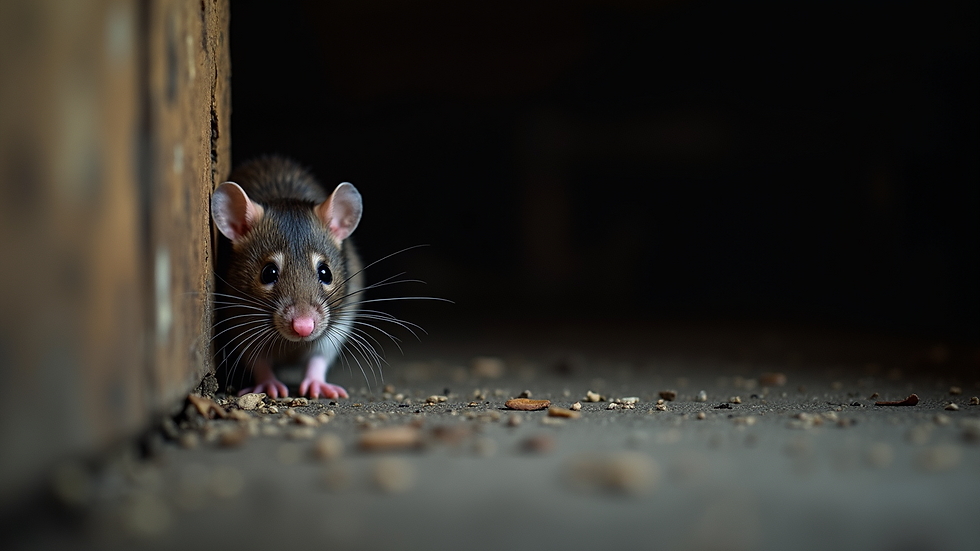 Close-up view of a rat in a dark attic corner
