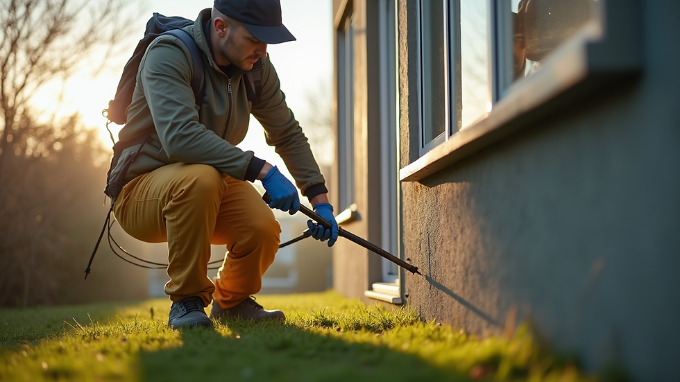 Eye-level view of a pest control technician inspecting a property