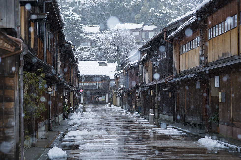 Snow falls on a deserted, snowy street lined with wooden buildings. Trees and rooftops are blanketed in snow, creating a serene winter scene.