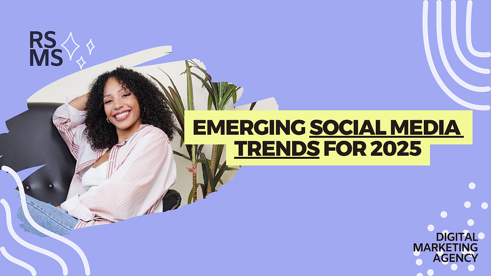 Smiling woman in pink shirt on a couch, plants behind. Text: "EMERGING SOCIAL MEDIA TRENDS FOR 2025." Purple background, cheerful mood.