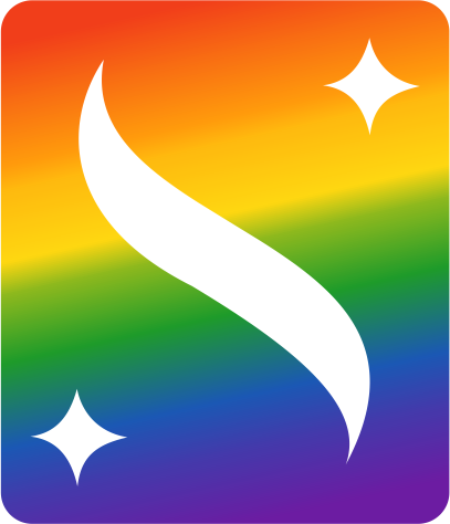 Rainbow gradient SHÉLA logo with a white curved S and two white sparkle stars on a rounded square background