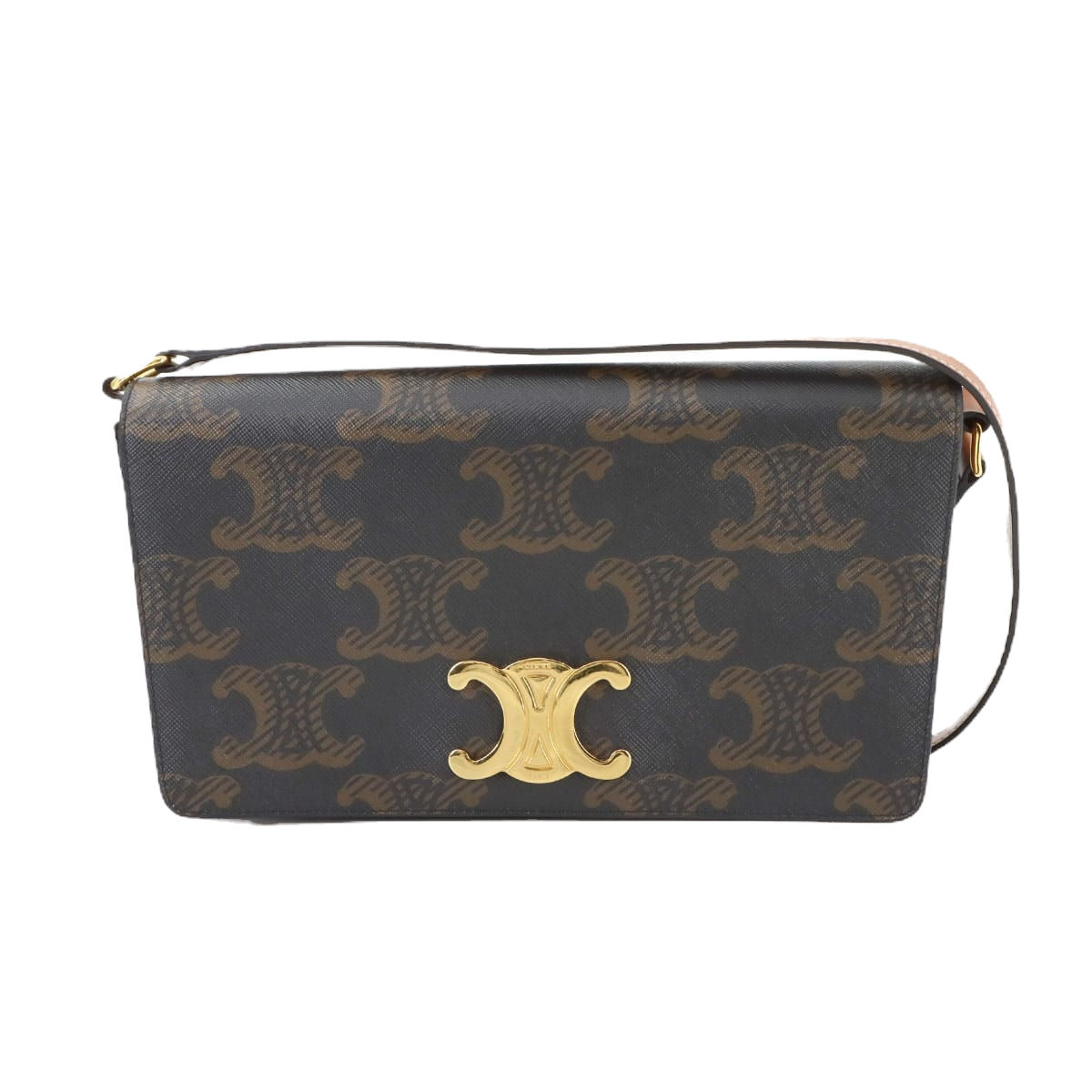 Celine Triomphe Trapeze 2way Shoulder Clutch Bag PVC Leather Black Tan Gold