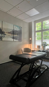 Behandlungsraum beim Chiropraktiker mit moderner Behandlungsliege, Sitzgelegenheit, Pflanzen und Tageslicht für eine ruhige Behandlungssituation