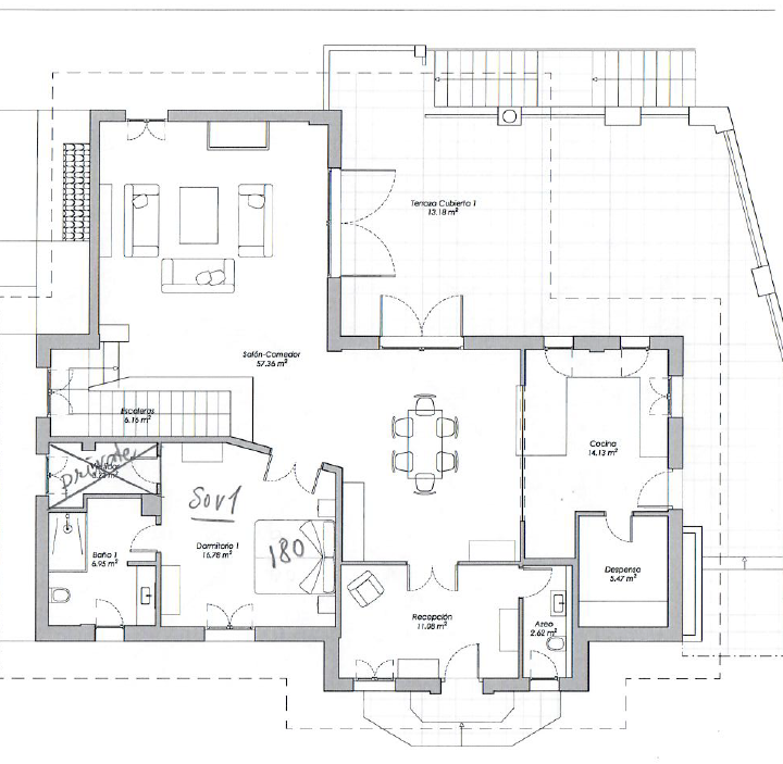 Entry plan. Guest toilet next to the hall. Dining area near the kitchen where there is also a laundry room / utility room.
The bedroom has a 180 cm wide bed and its own shower room.
From the living room the stairs go to the other floors.