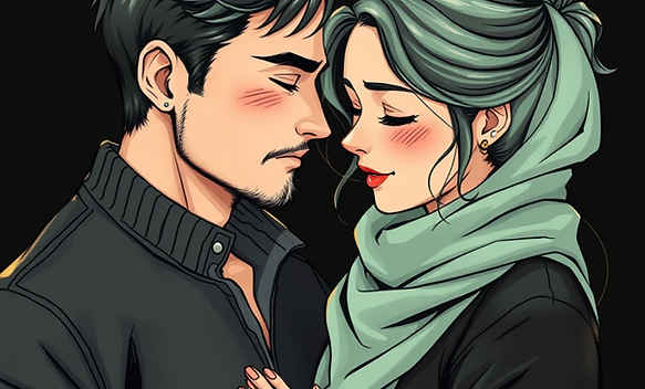 Manga drawing of couple in love. 