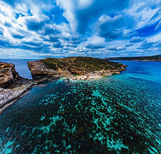 Panoramic made with dji mini 2 drone edited in lightroom. This is the subisland, Kemmunett, showing Blue Lagoon.
