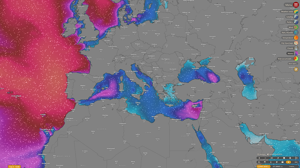 Wave forecast map from windy.com showing high wave activity in the North Atlantic Ocean and moderate conditions in the Mediterranean Sea as of Tuesday at 13:00.