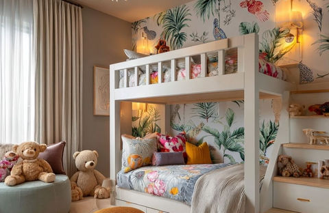 Cameretta su misura con letto a castello, carta da parati tropicale, scala integrata e arredi custom by Kids Room Atelier.