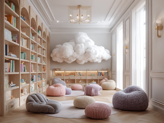Playroom elegante con pouf colorati e nuvole sospese.