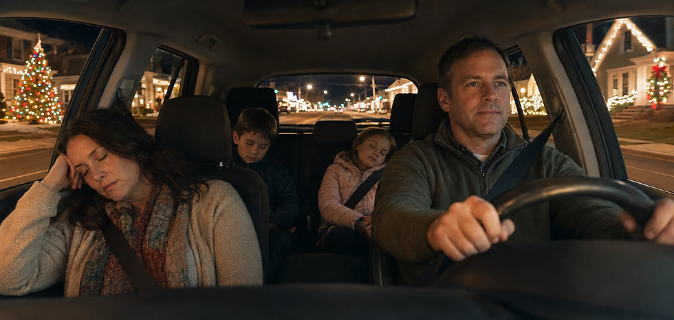 Stressed Dad at Christmas Thinking About the trunk full of toys