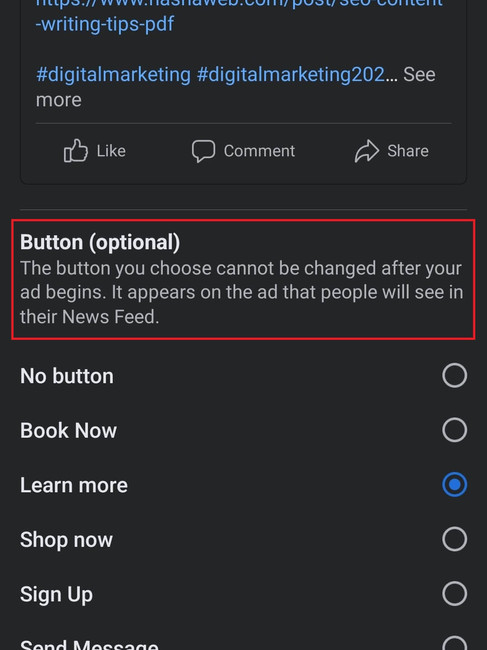 screen shot of facebook business page