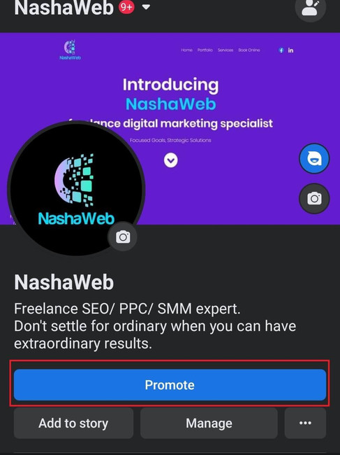 screen shot of facebook business page