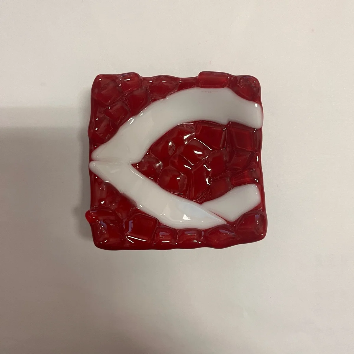Red and White Logo Glass Ring Dish